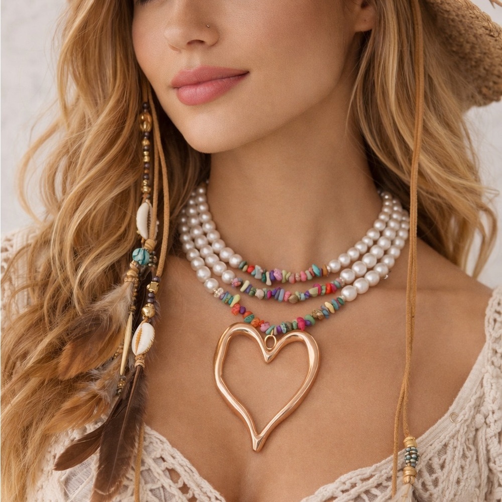 Multi-Strand Boho Pearl & Bead Necklace with Gold Heart Pendant
